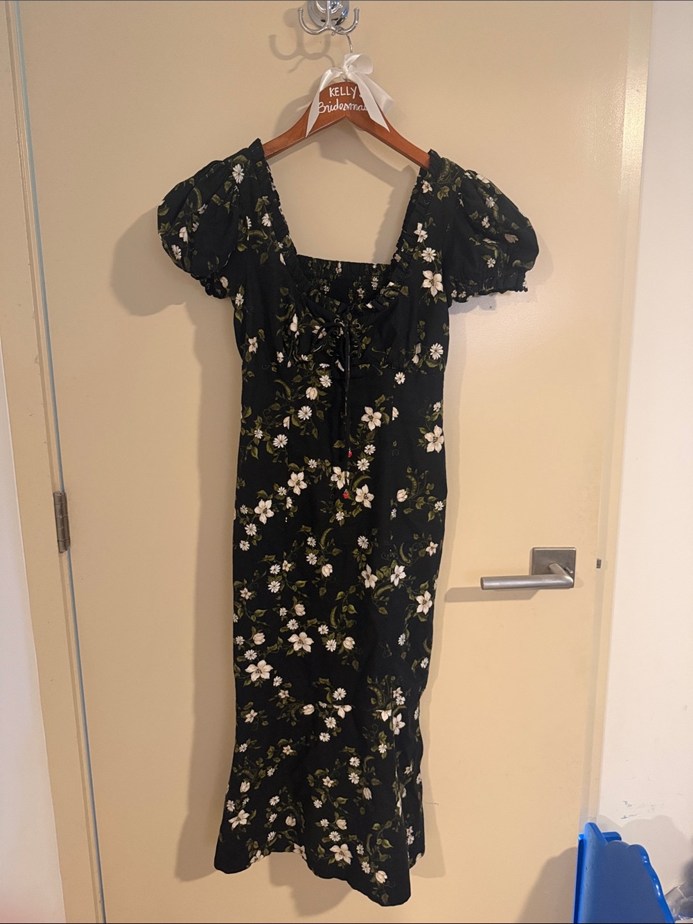 Maeve Black Floral Puff-Sleeve Midi Dress